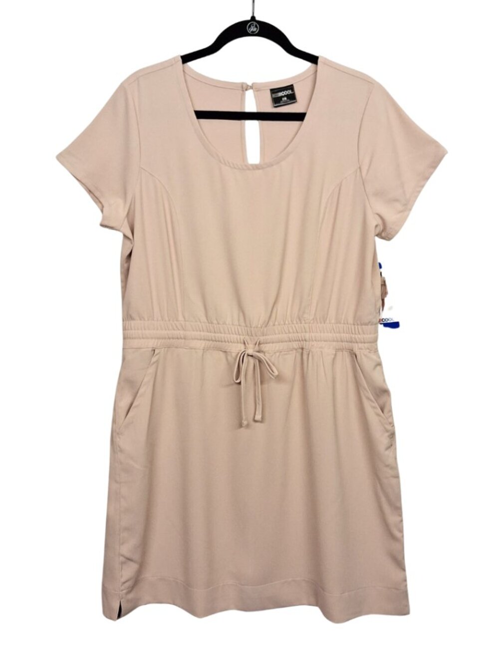 32 DEGREES COOL Dress Tan Drawstring Short Sleeve Stretchy Casual Large NWT